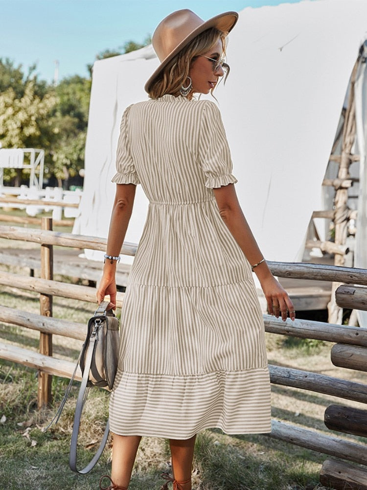 Striped, V-neck, flounce sleeves dress