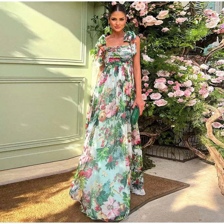 Elegant backless maxi dress with floral print