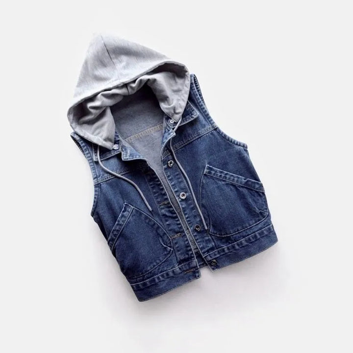 Denim waistcoat with hood and breast pockets