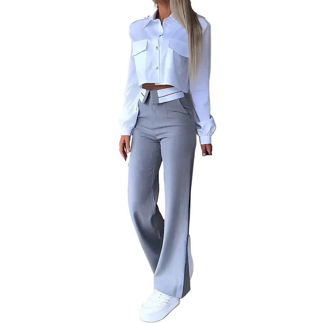 Long-sleeved top and trousers with high waist