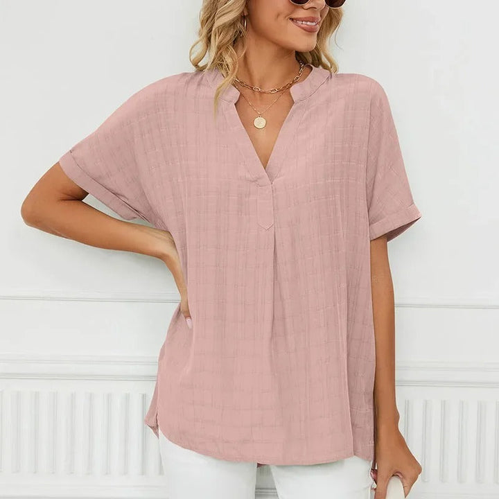 Short-sleeved chiffon shirt with V-neckline