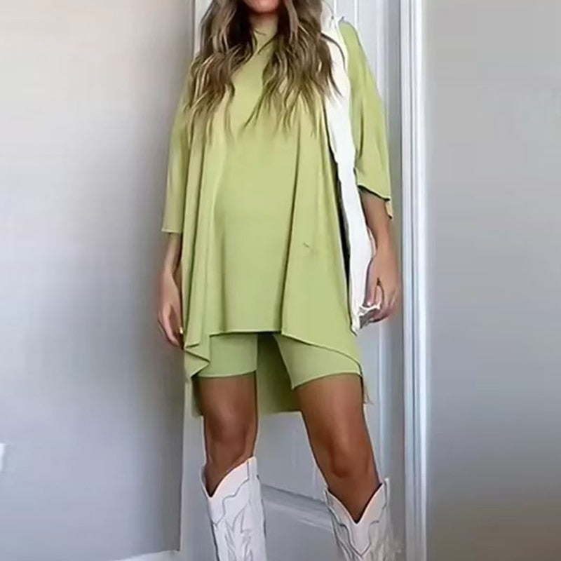 Trendy women's fashion with skinny shorts and T-shirt