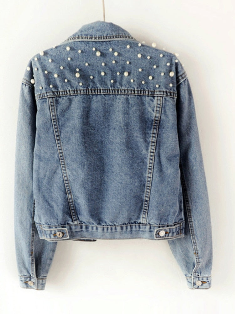 Elegant denim jacket embellished with pearls