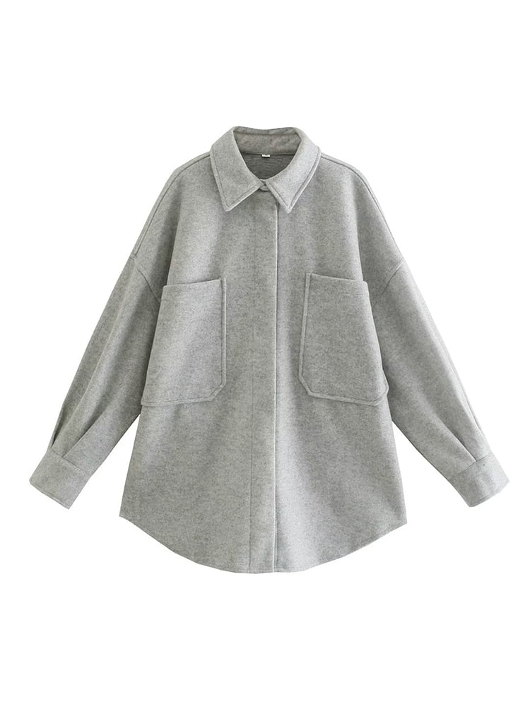 Women's woollen shirt - Casual loose blouse with pockets and long sleeves