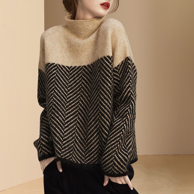 Vintage striped jumper - Loose knitwear with half high collar