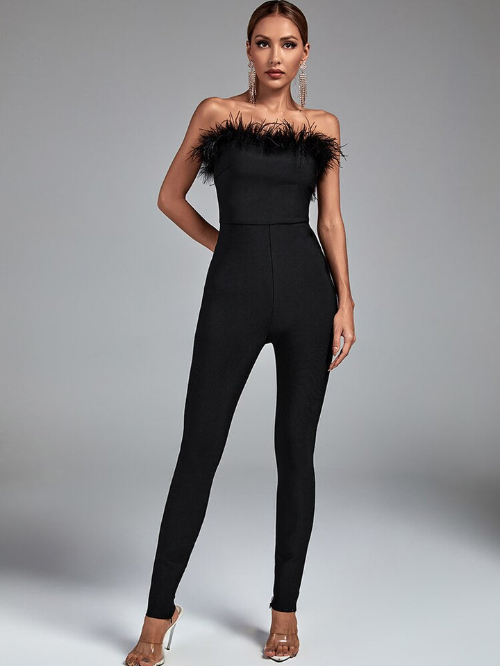 Feather jumpsuit - feather, bandage, bodycon