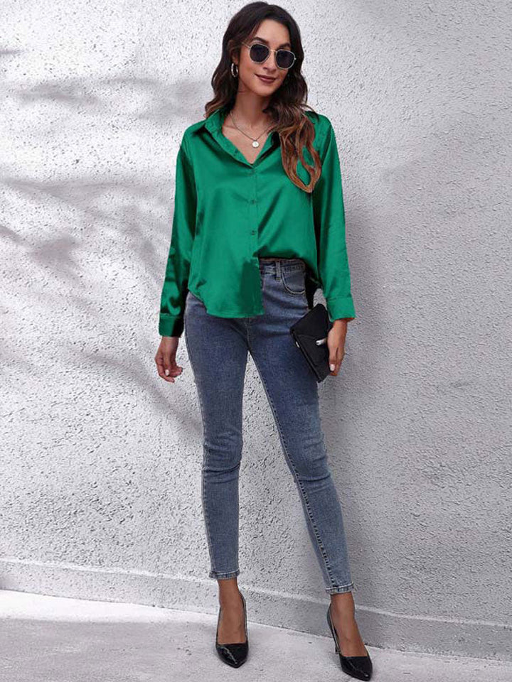 Satin blouse for women - Loose fit - Button placket - Silky long-sleeved shirt