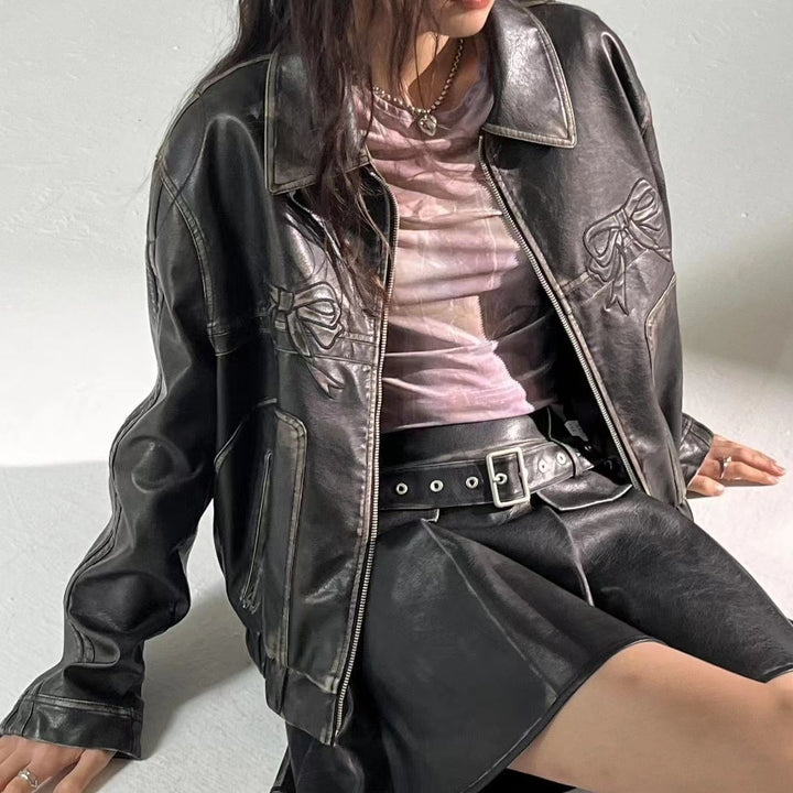 Leather jacket with bow detail