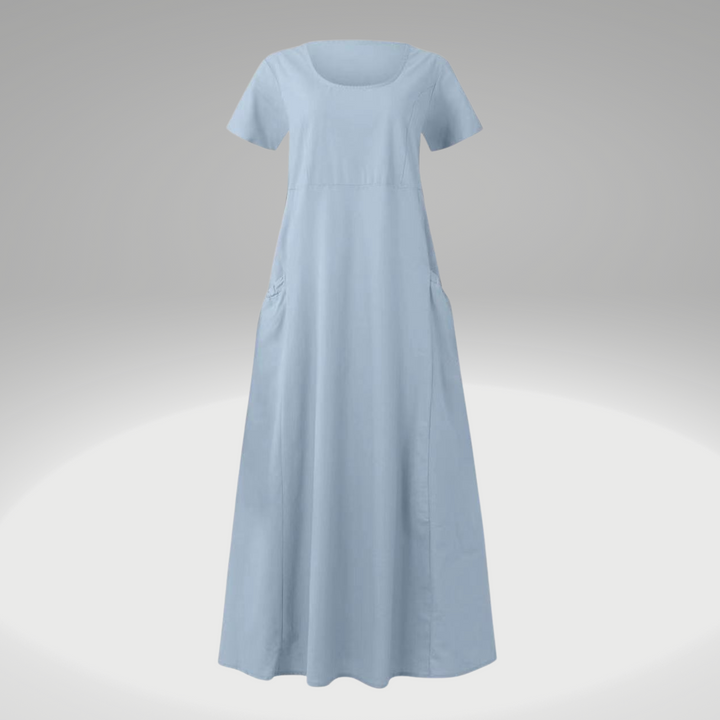 Plain-coloured, loose-fitting pocket dress made of cotton and linen