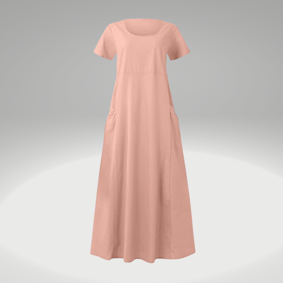 Plain-coloured, loose-fitting pocket dress made of cotton and linen