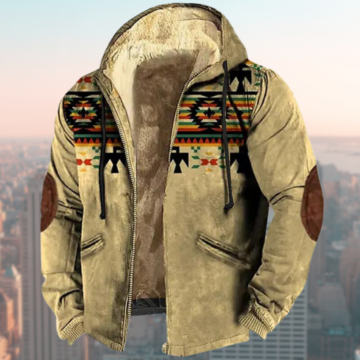 Hooded jacket with tribal print