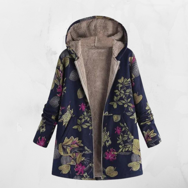 Printed coat with hood and long sleeves, oversized