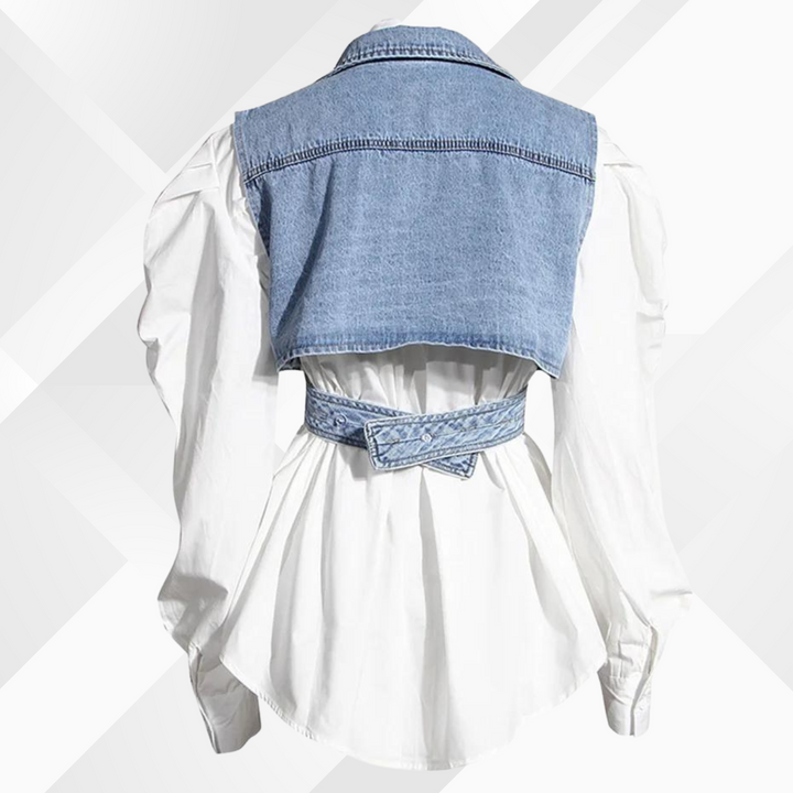 Denim waistcoat and blouse with puffed sleeves