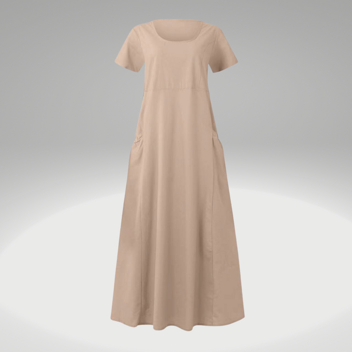 Plain-coloured, loose-fitting pocket dress made of cotton and linen