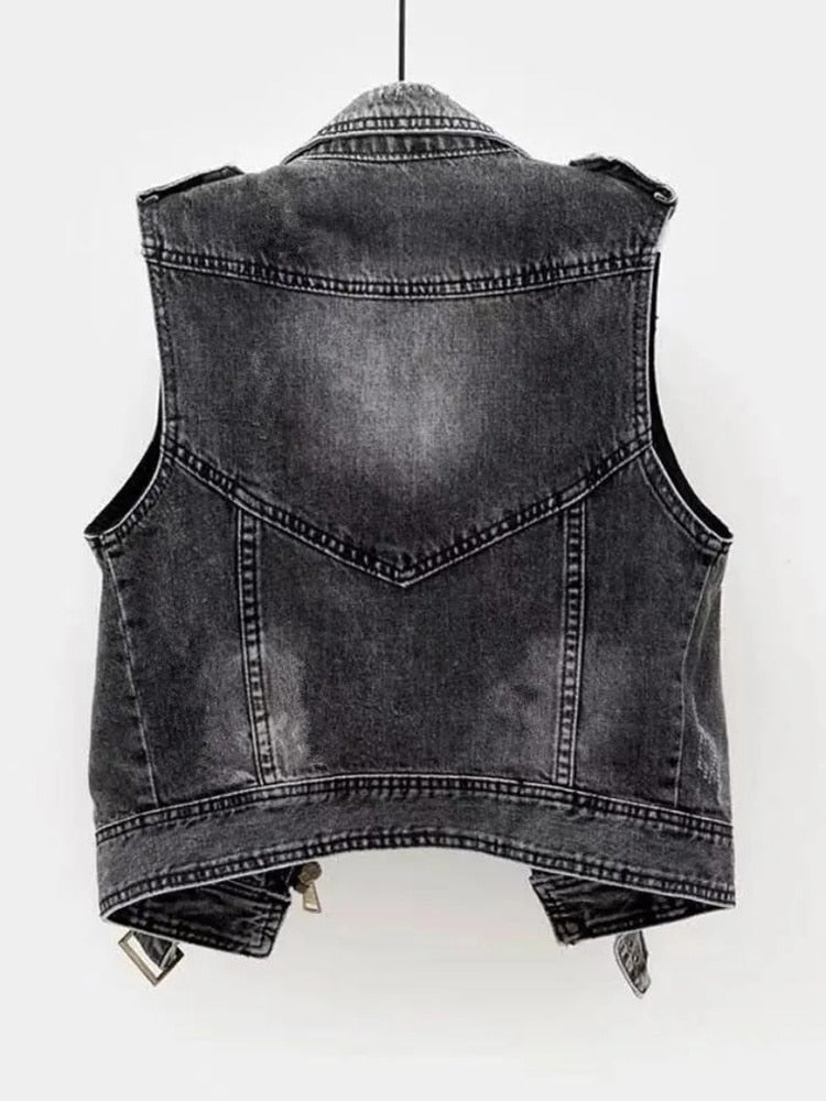 Grey denim waistcoat chic - women's denim waistcoat with cowboy style