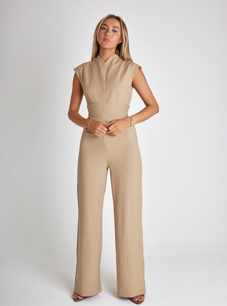 Chic jumpsuit - V-neck, tight belt, wide bodycon leg