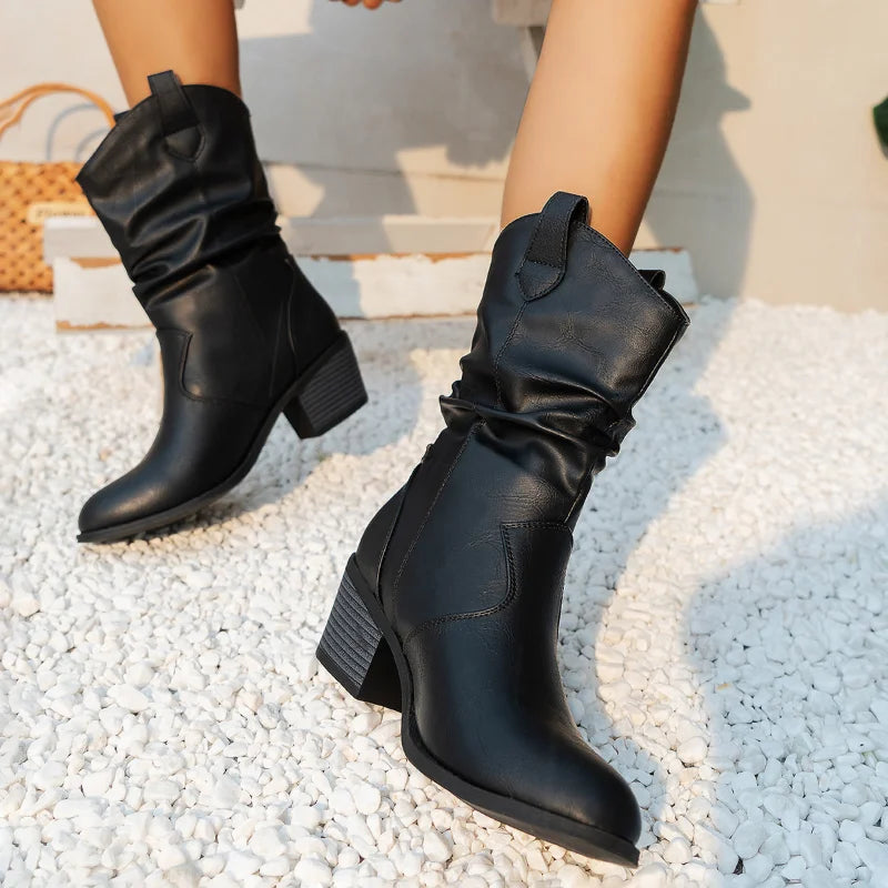 Women's - Mid-Shaft Slouch Boots - Stylish Western Design - Comfortable Fit