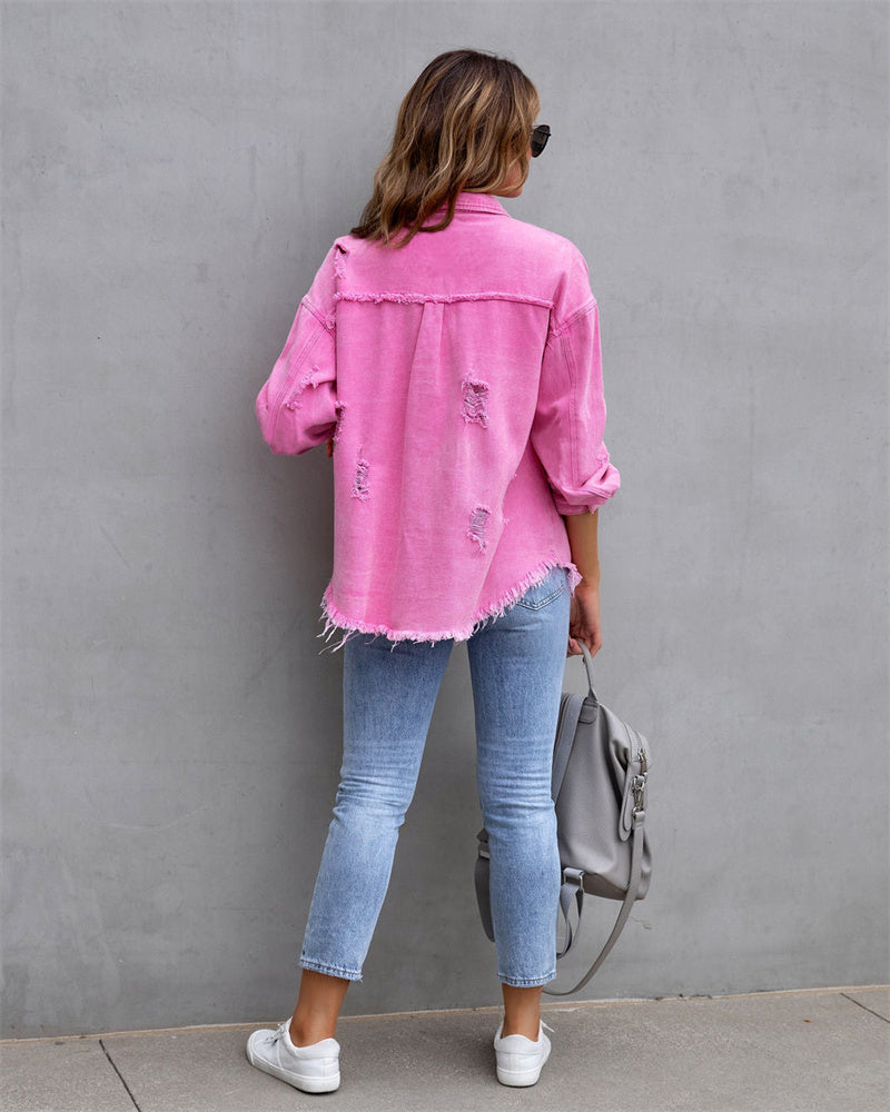 Women's denim jacket - Casual shirt-style denim coat with holes: Stylish women's outerwear