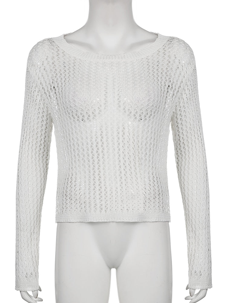 Women's summer knitted jumper with lace pattern and casual cut