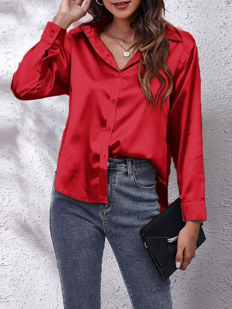 Satin blouse for women - Loose fit - Button placket - Silky long-sleeved shirt