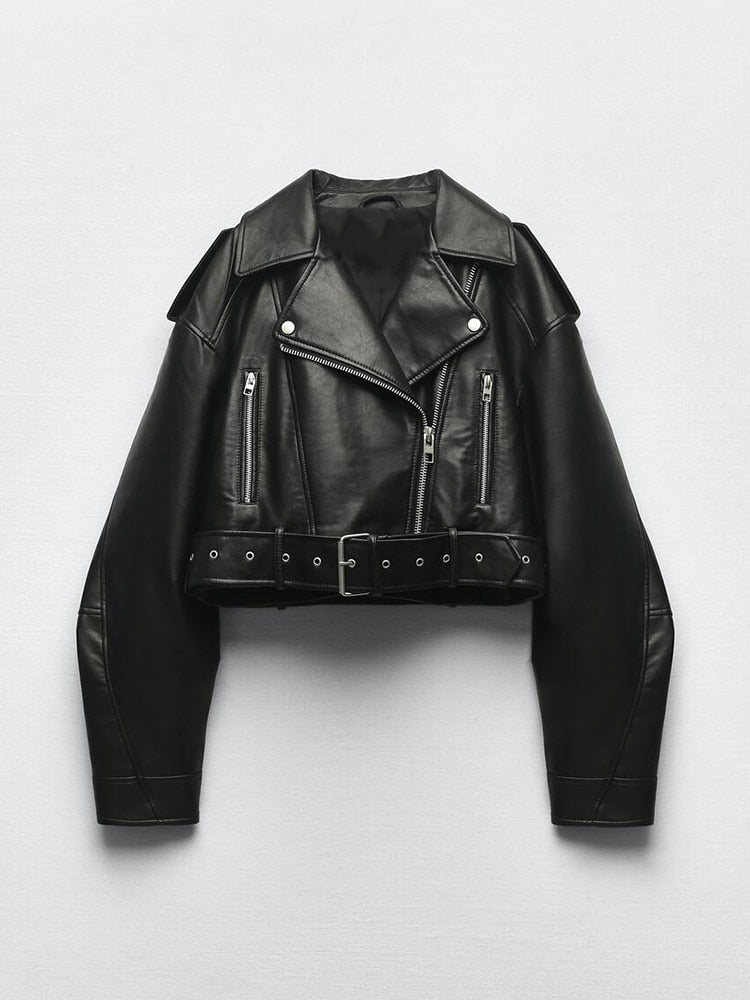 Women's jacket - vintage-style jacket made from vegan leather with belt and zip