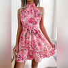 Women's - Floral A-Line Dress - Bow Belt at Waist & Ruffled Hem - Elegant Spring Fashion