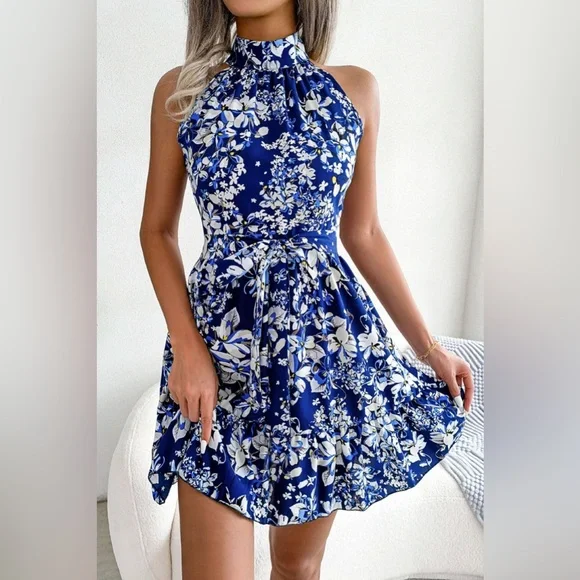 Women's - Floral A-Line Dress - Bow Belt at Waist & Ruffled Hem - Elegant Spring Fashion