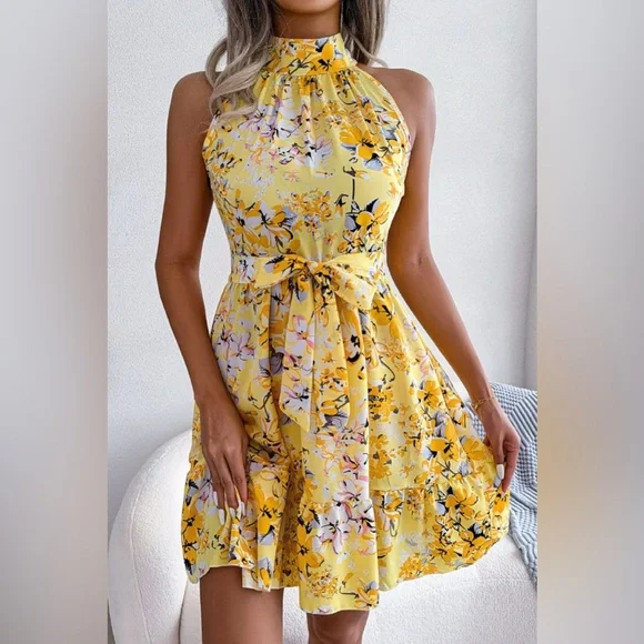 Women's - Floral A-Line Dress - Bow Belt at Waist & Ruffled Hem - Elegant Spring Fashion