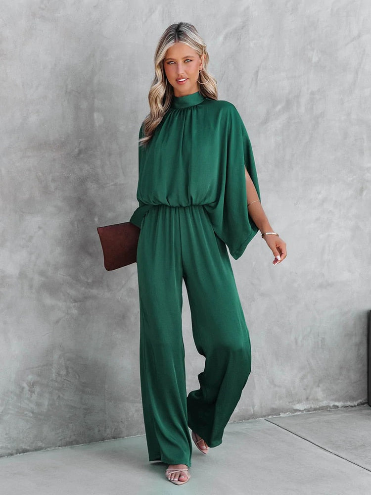 High-neck jumpsuit with open sleeves