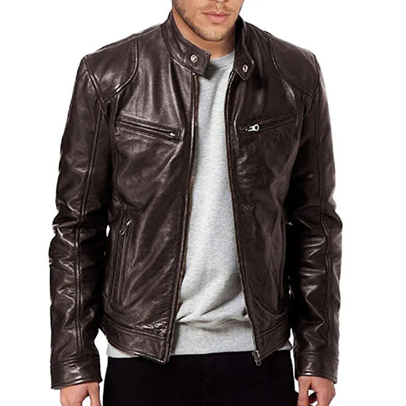 Men's - Biker Jacket - Leather - Multiple Pockets - Stylish Casual Outerwear