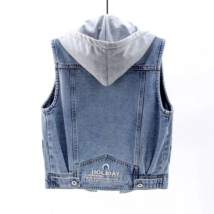 Denim waistcoat with hood and breast pockets