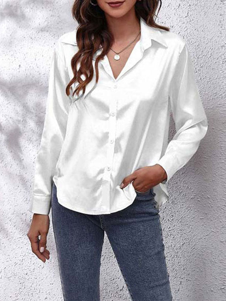 Satin blouse for women - Loose fit - Button placket - Silky long-sleeved shirt