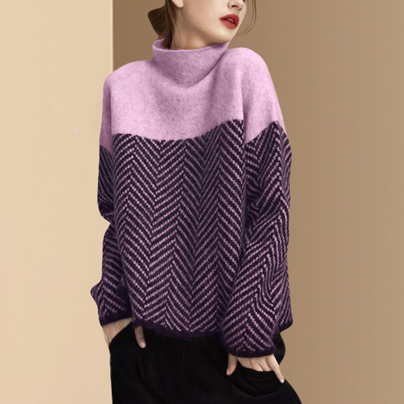 Vintage striped jumper - Loose knitwear with half high collar