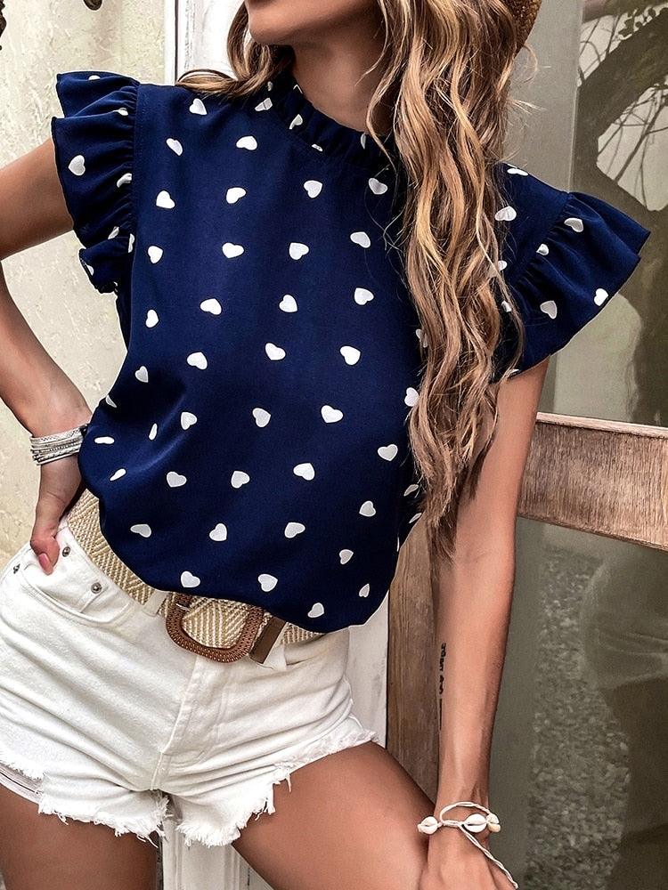 Summer blouse with short sleeves and heart print