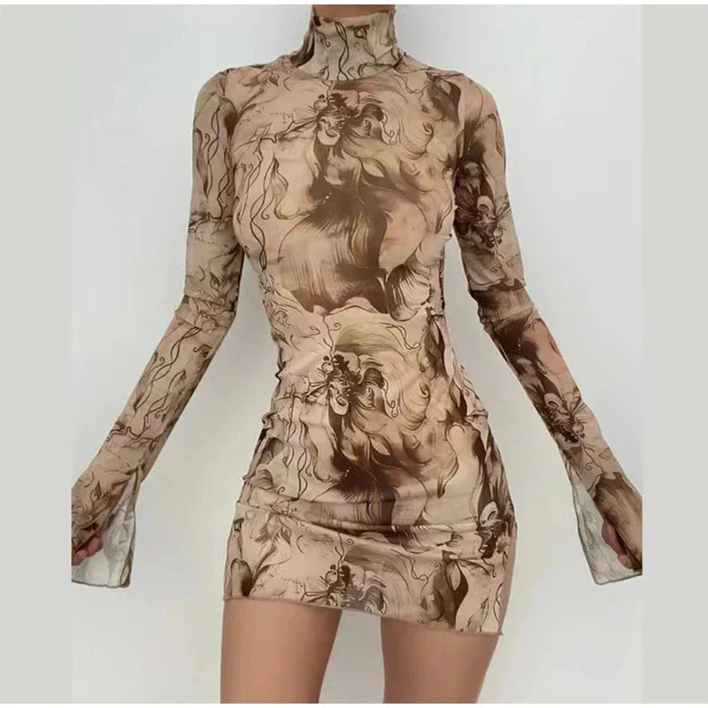 Turtleneck dress with abstract art print