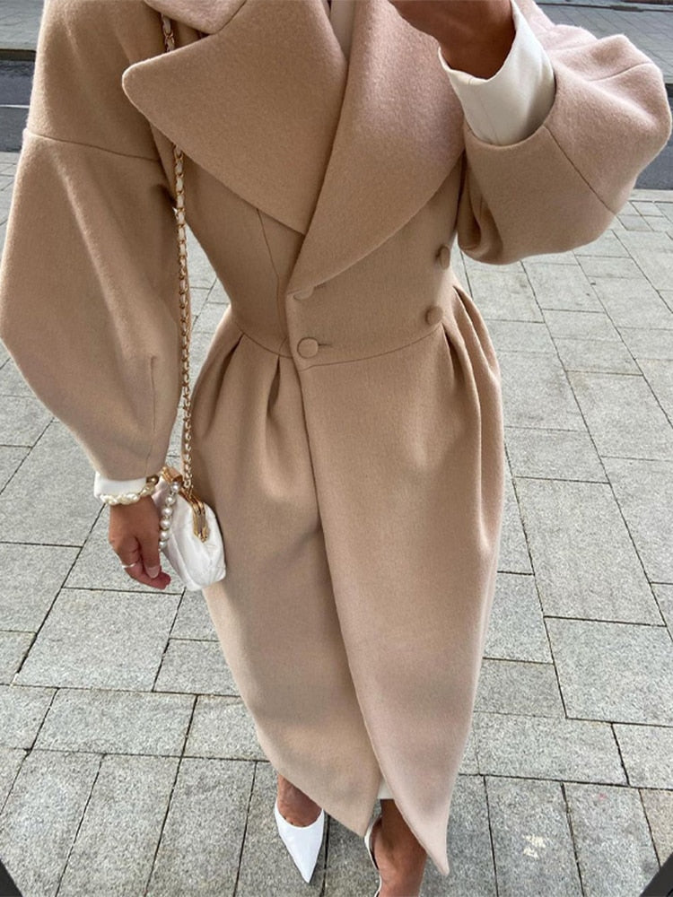 Double-breasted oversized ladies coat with collar