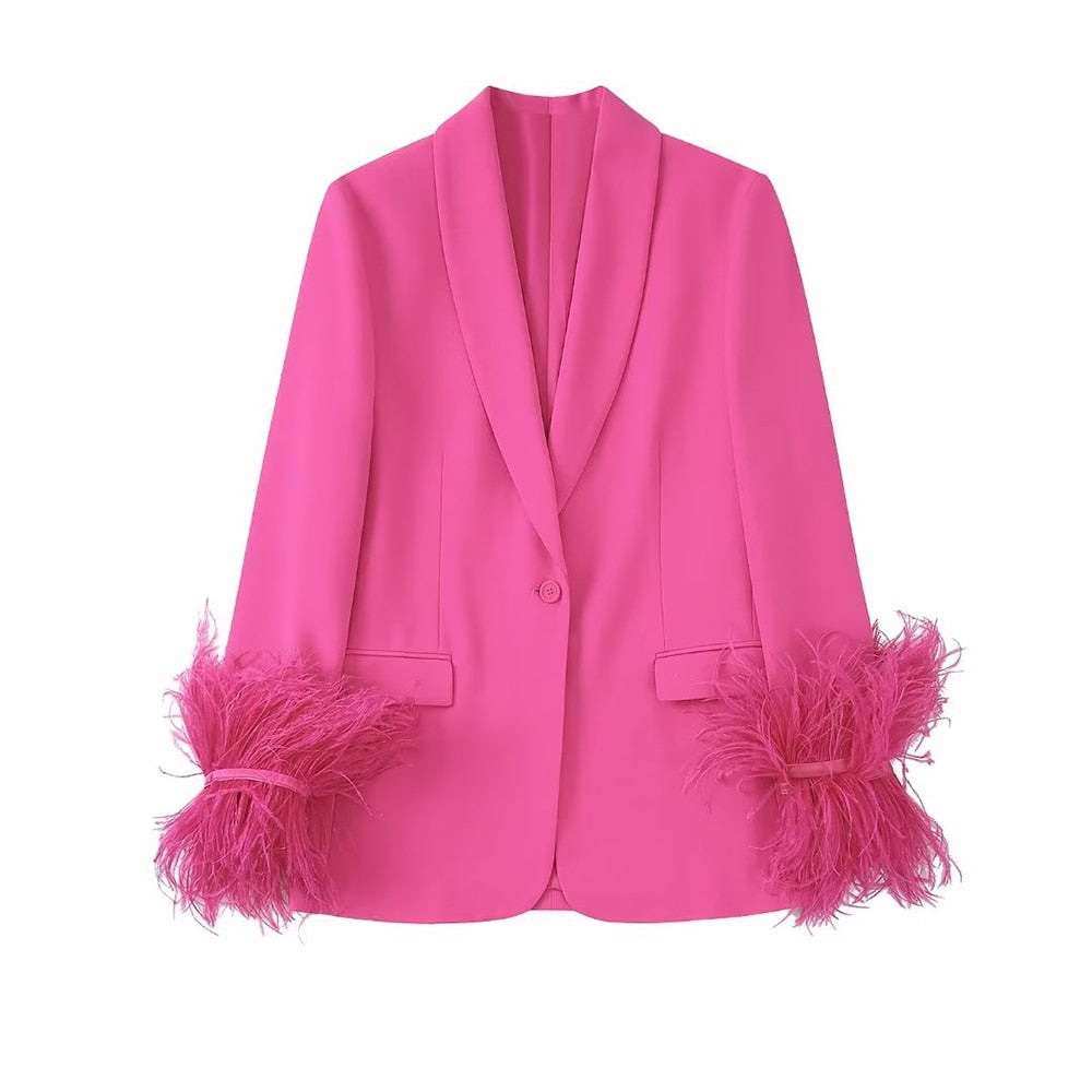 Blazer with turned-up collar and feathers in pink colour