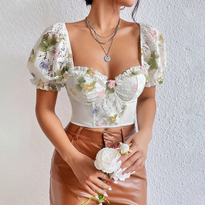 Off-the-shoulder lace corset with floral embroidery