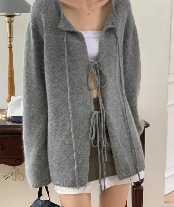 Grey cardigan with hemstitching and lacing