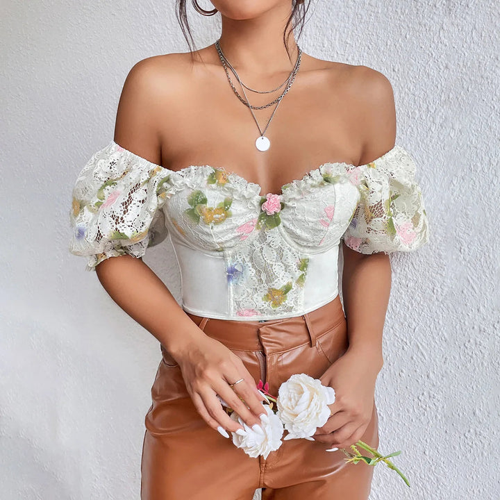 Off-the-shoulder lace corset with floral embroidery