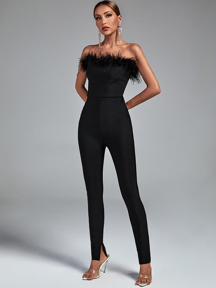 Feather jumpsuit - feather, bandage, bodycon