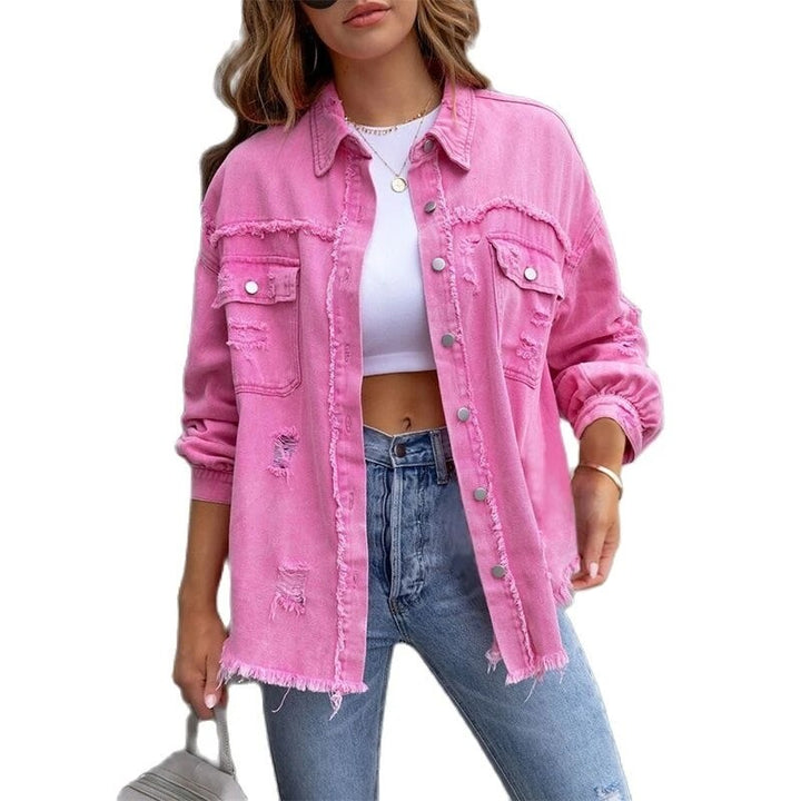 Women's denim jacket - Casual shirt-style denim coat with holes: Stylish women's outerwear