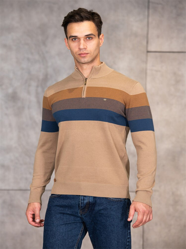 Patchwork knitted jumper - Men's cotton jumper with zip