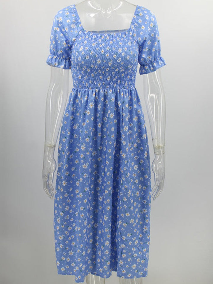 Women's floral dress with puff sleeves and back neckline