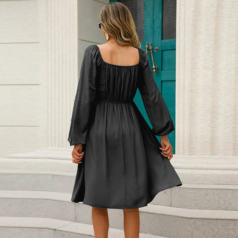 Midi dress with off-the-shoulder cut and ruffled top