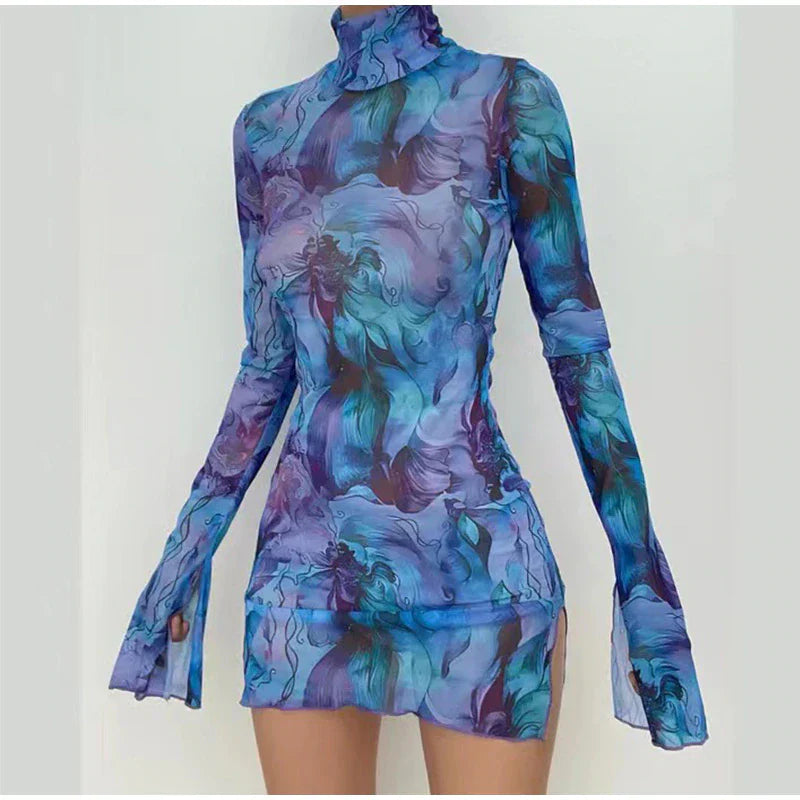 Turtleneck dress with abstract art print