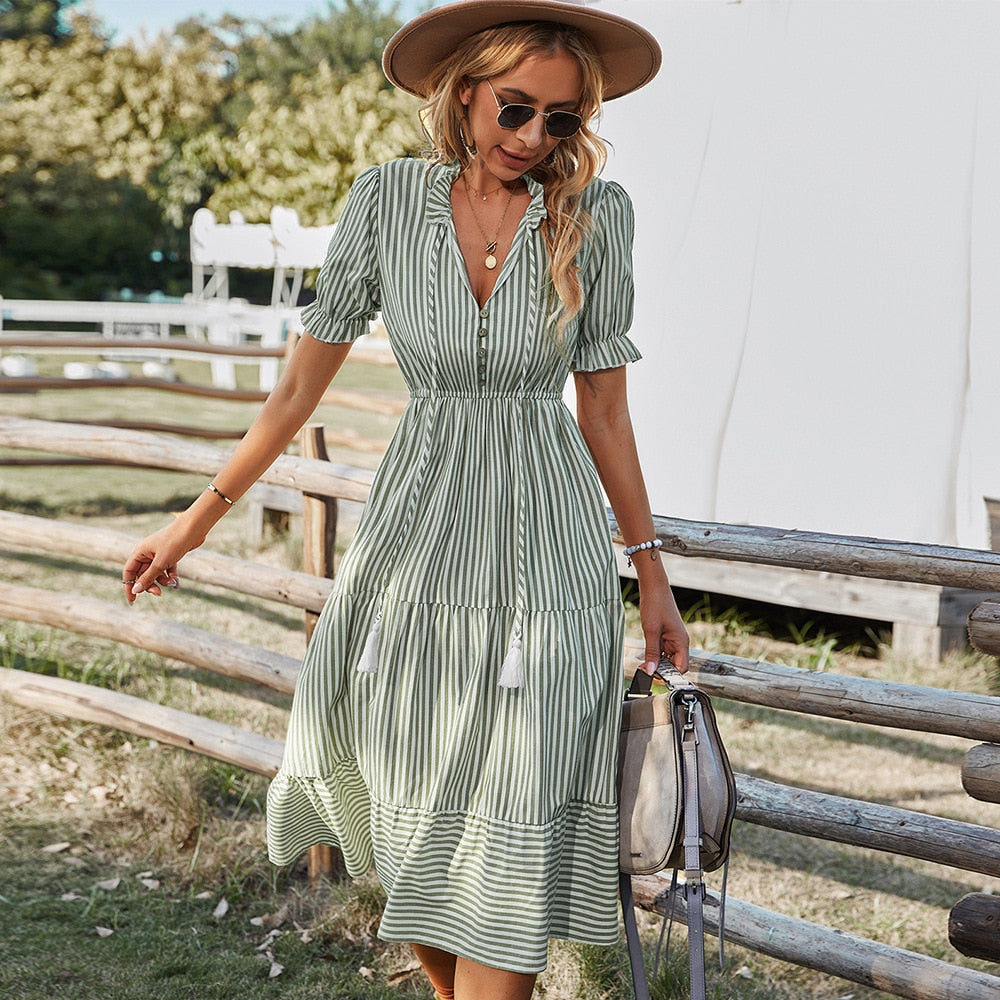 Striped, V-neck, flounce sleeves dress