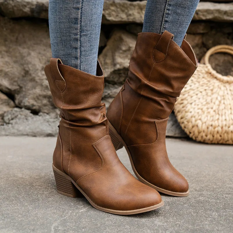 Women's - Mid-Shaft Slouch Boots - Stylish Western Design - Comfortable Fit