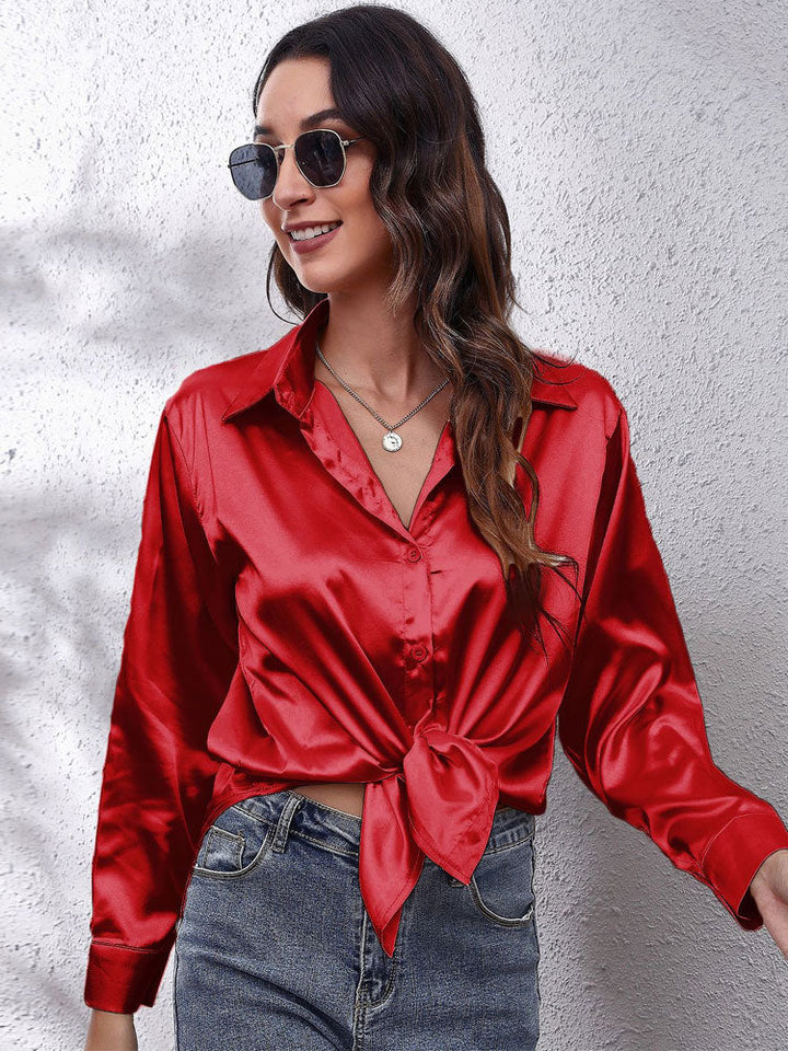 Satin blouse for women - Loose fit - Button placket - Silky long-sleeved shirt