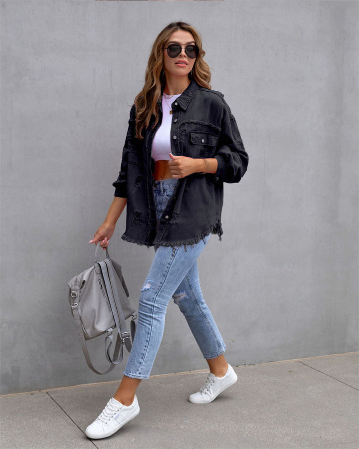 Women's denim jacket - Casual shirt-style denim coat with holes: Stylish women's outerwear